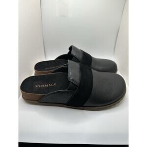 Vionic Ambrosia Black Leather Slip On Mules Clogs Size 7.5 New With Box Suede